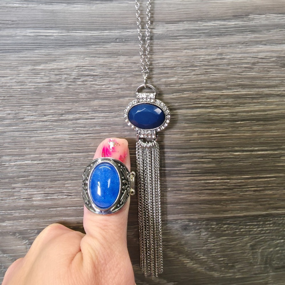 Paparazzi What Glows Up Blue Necklace Earrings Set W/Stretch Ring Statement NEW